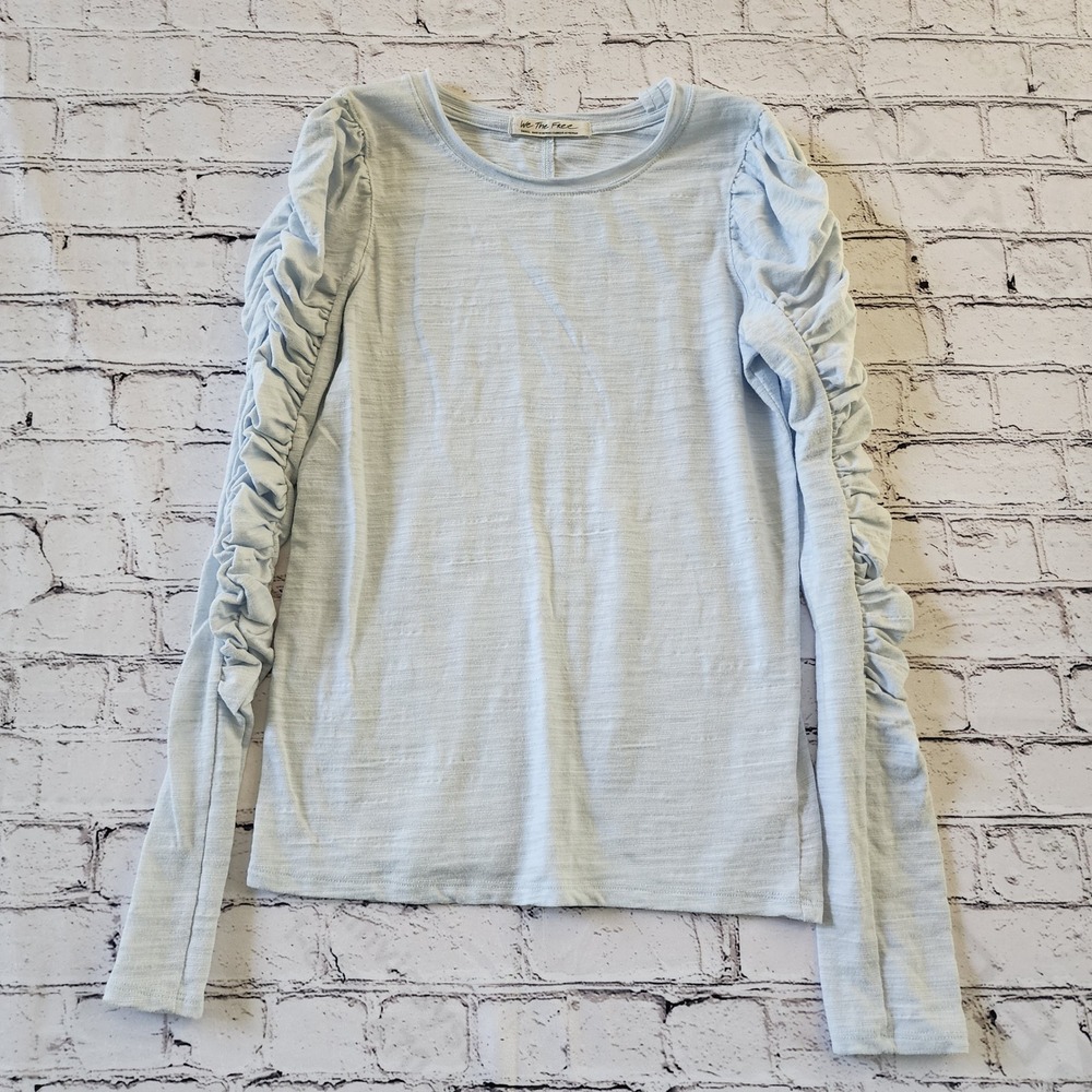 We The Free Free People Small Light Blue Ruched Puff Sleeve Slub Knit Top